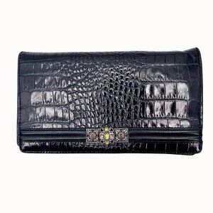 BRIGHTON BLACK CROC-EMBOSSED LEATHER RHINESTONE FRONT CLUTCH CROSSBODY PURSE (MI